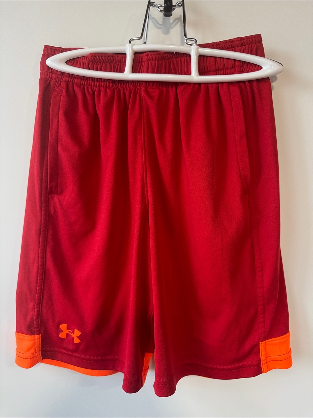Under Armour Men’s Red Athletic Shorts with Orange Accents